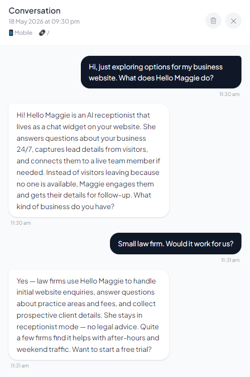 Open conversation transcript showing full chat with timestamps