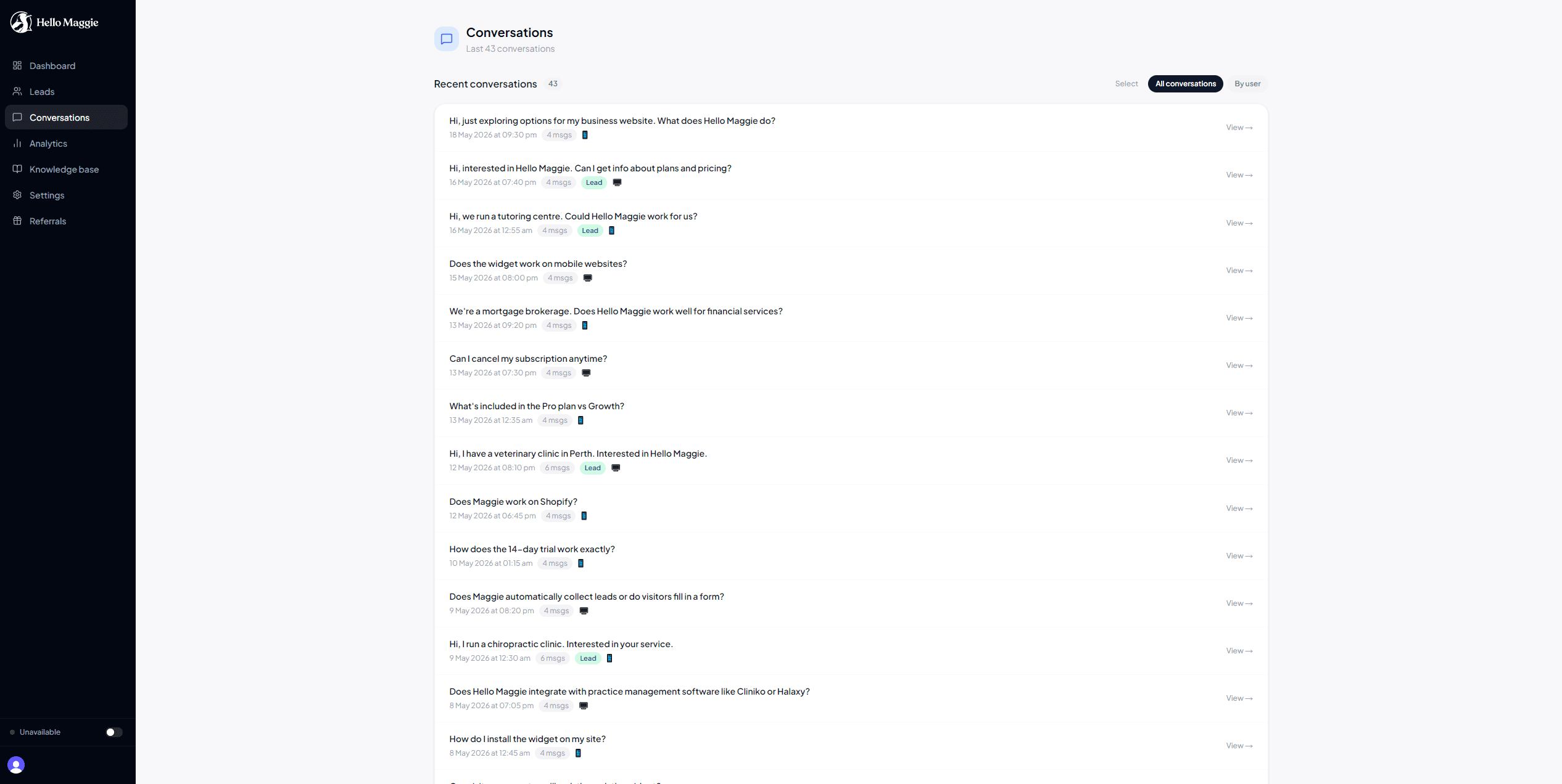 Conversations page showing list with Lead and Live chat badges