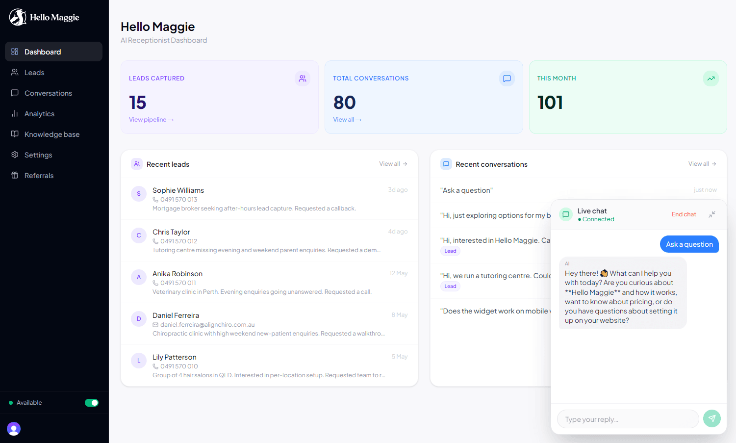 Dashboard with active live handoff conversation and chat input open