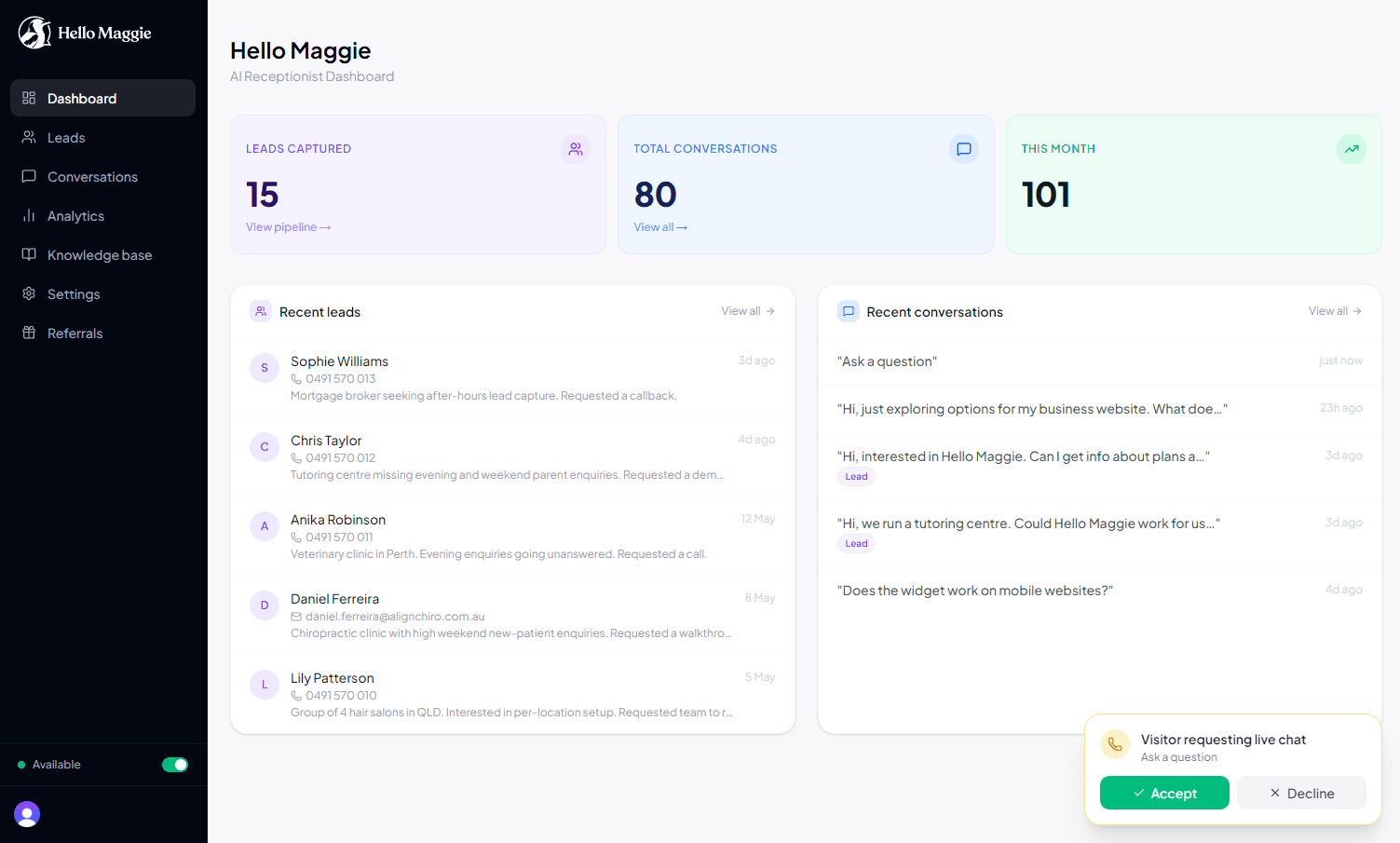 Dashboard showing incoming live handoff request with Accept and Decline buttons
