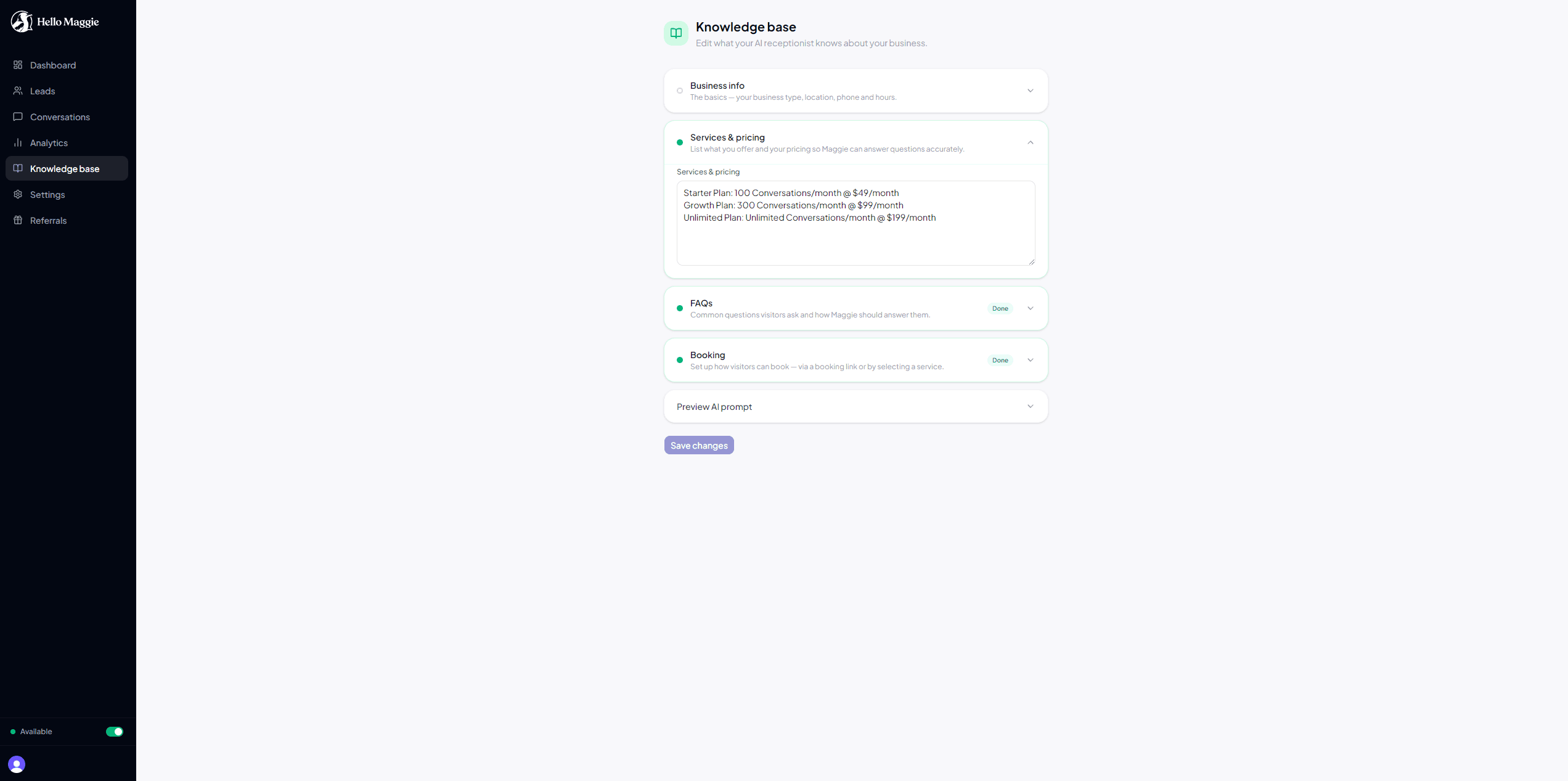 Knowledge Base page with Services and Pricing section expanded showing example services and prices