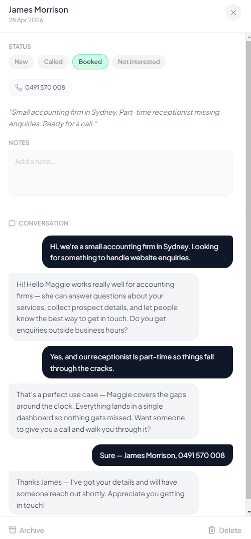 Lead detail panel showing contact info, status pills, notes and conversation transcript