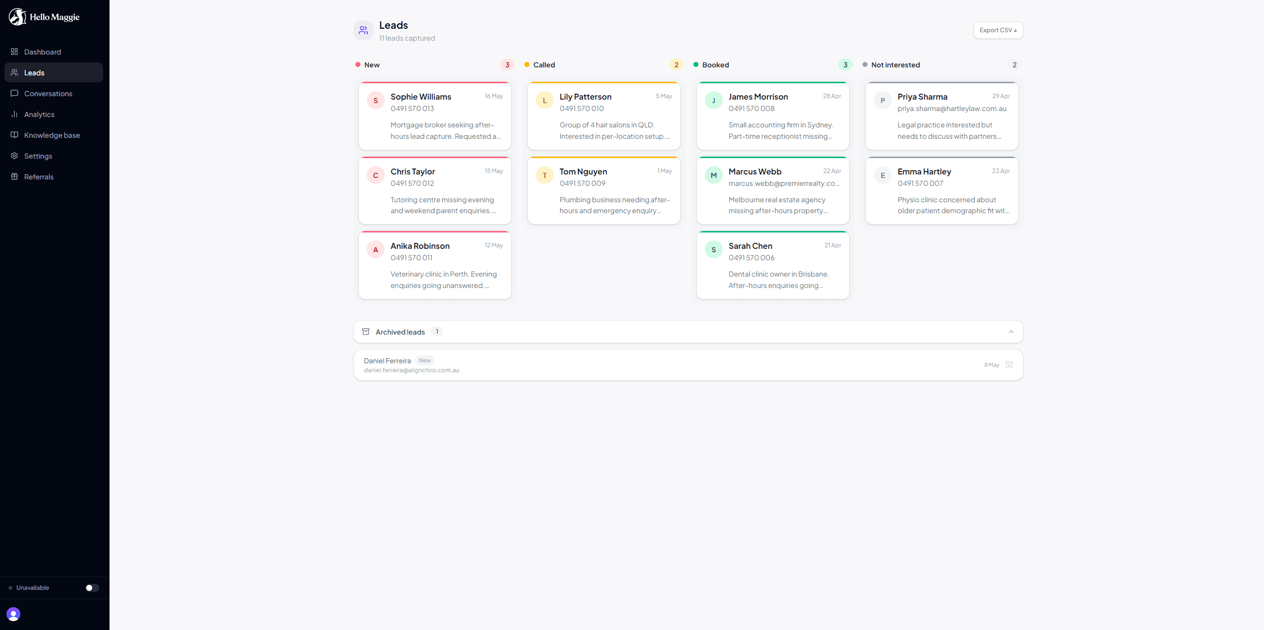 Leads pipeline Kanban board with cards in each column