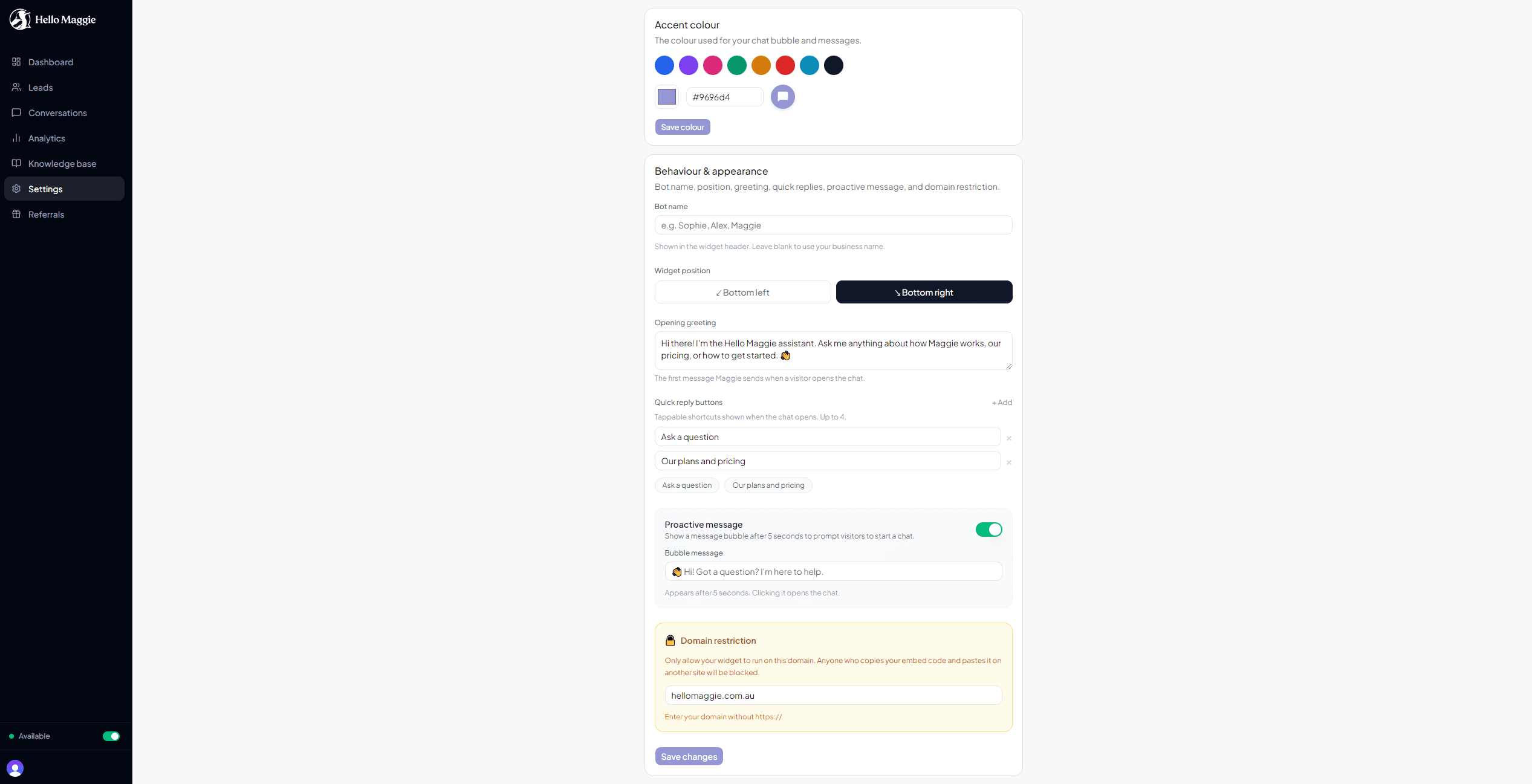 Settings page showing widget behaviour form
