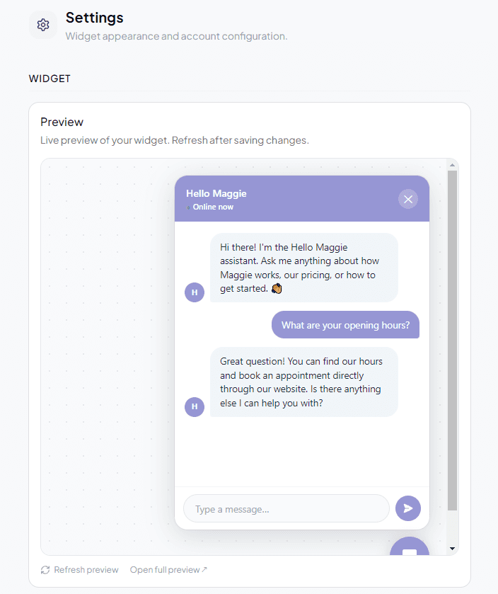 Widget live preview updating in real time alongside settings