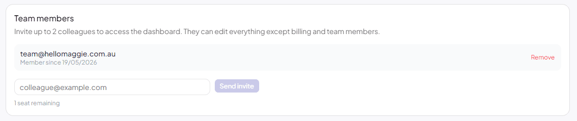 Settings page with Team Members section highlighted and invite button visible