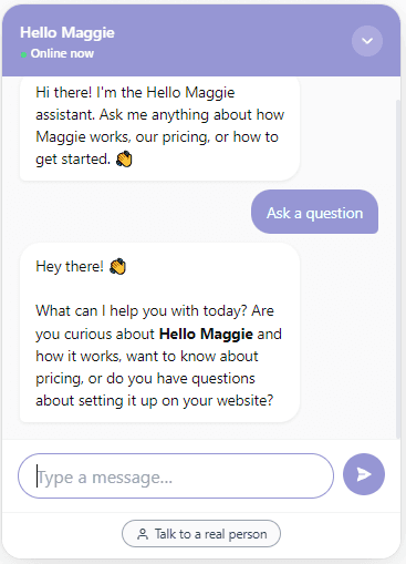 Widget visitor side showing the Talk to a real person button