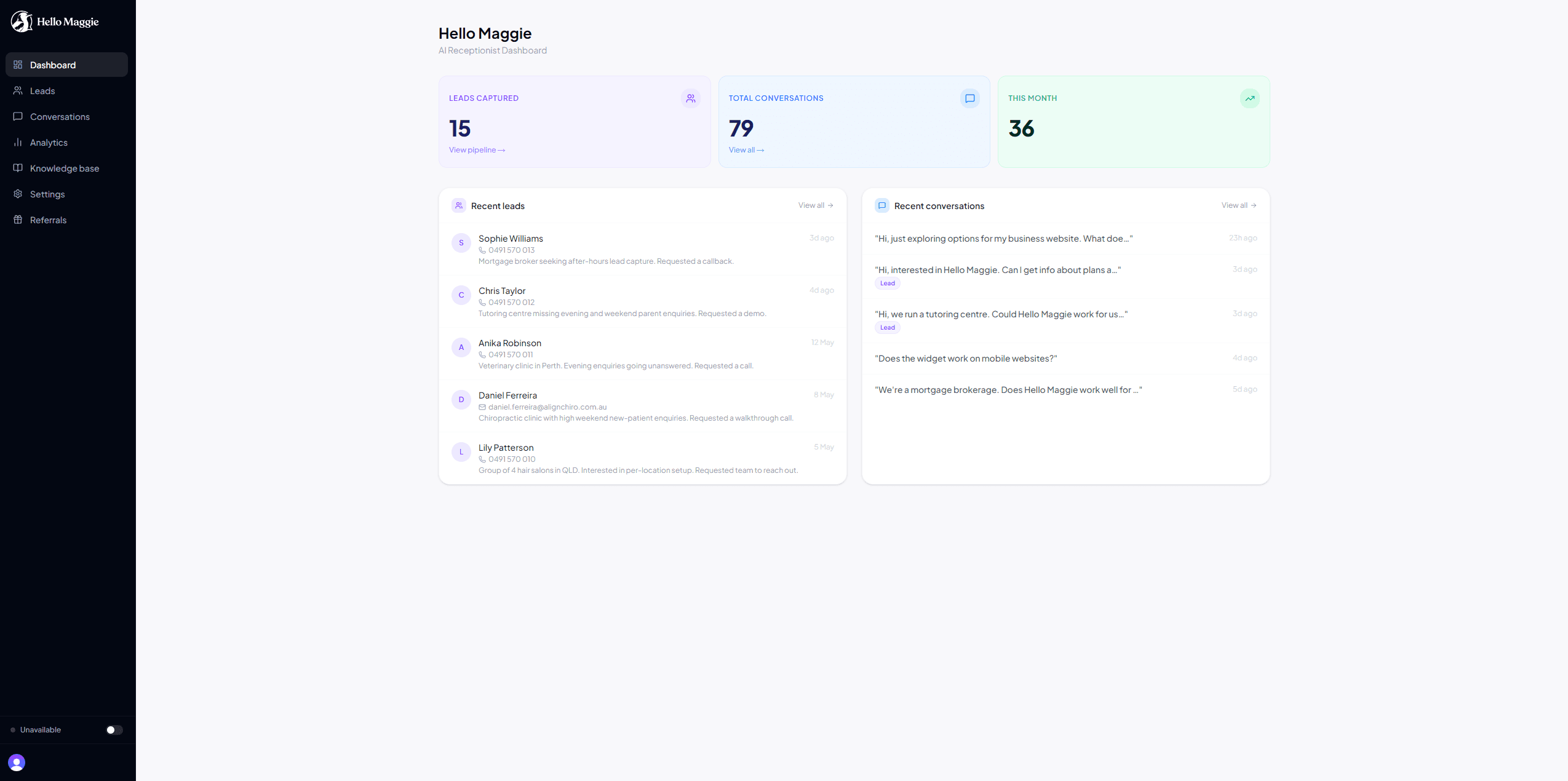 Hello Maggie main dashboard