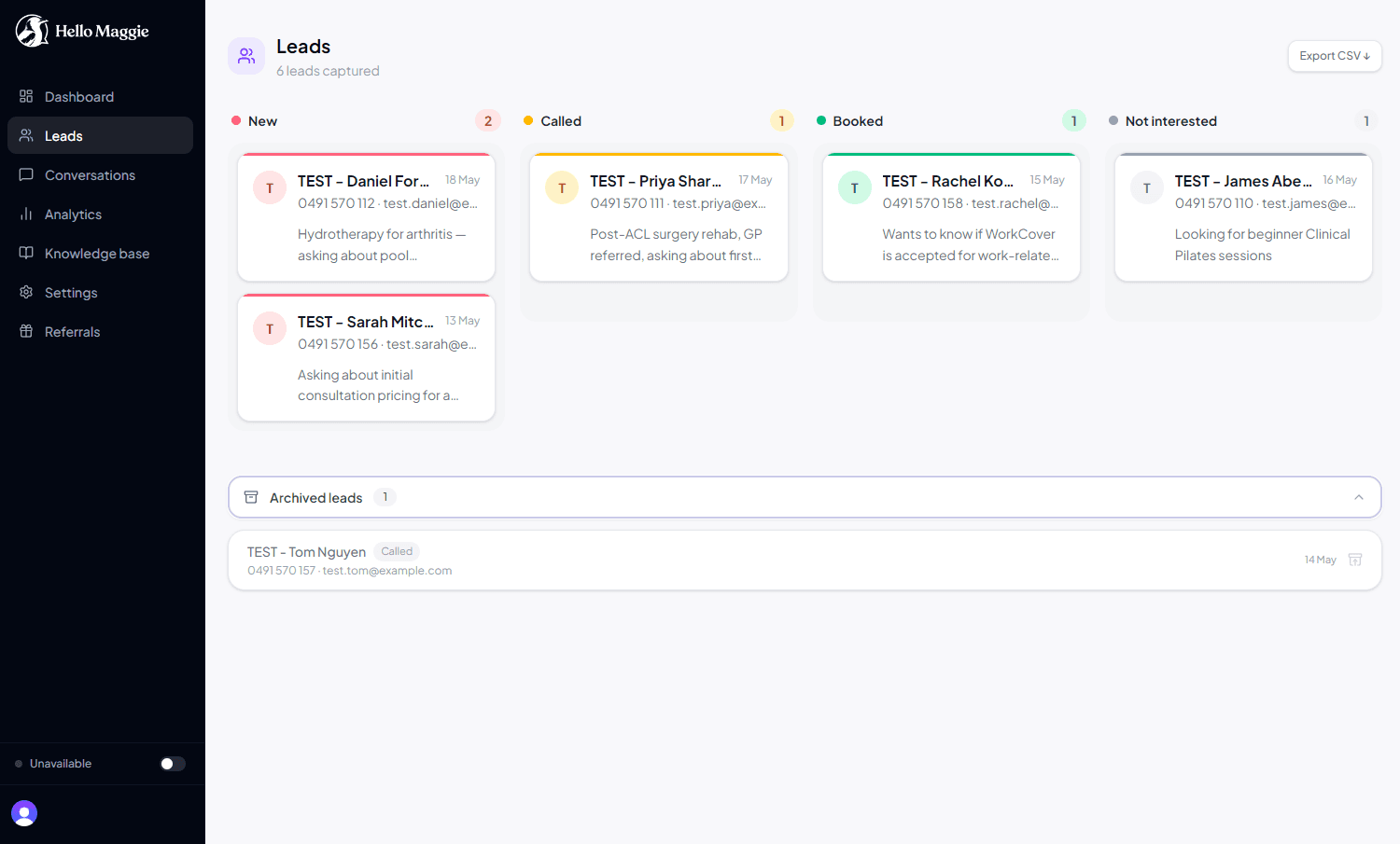 Leads pipeline — Kanban board view
