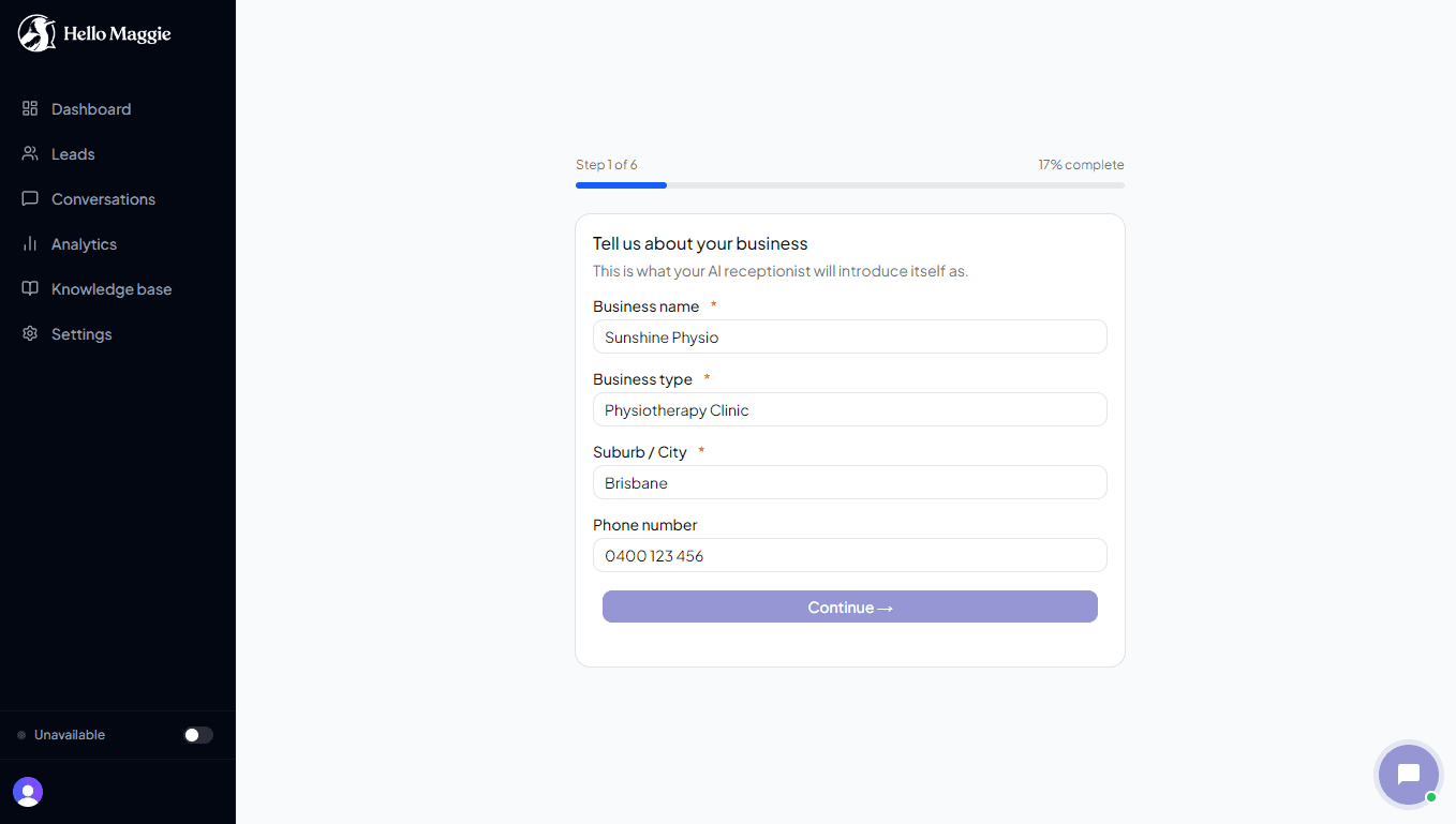 Onboarding step 1 — business name, type, suburb and phone