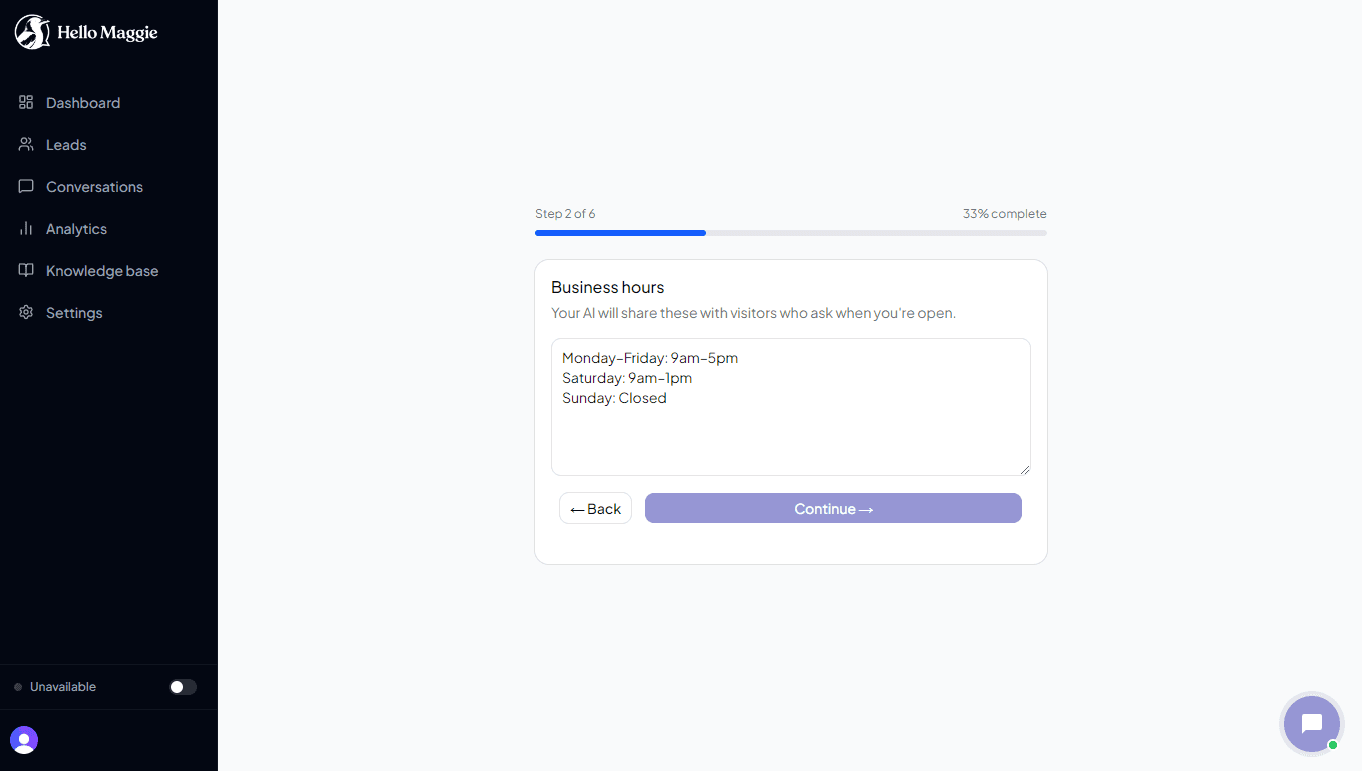 Onboarding step 2 — business hours