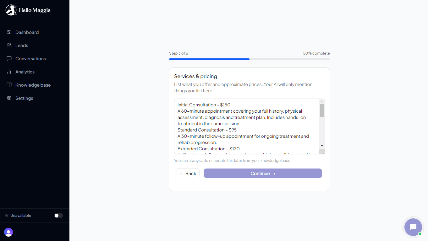 Onboarding step 3 — services and pricing