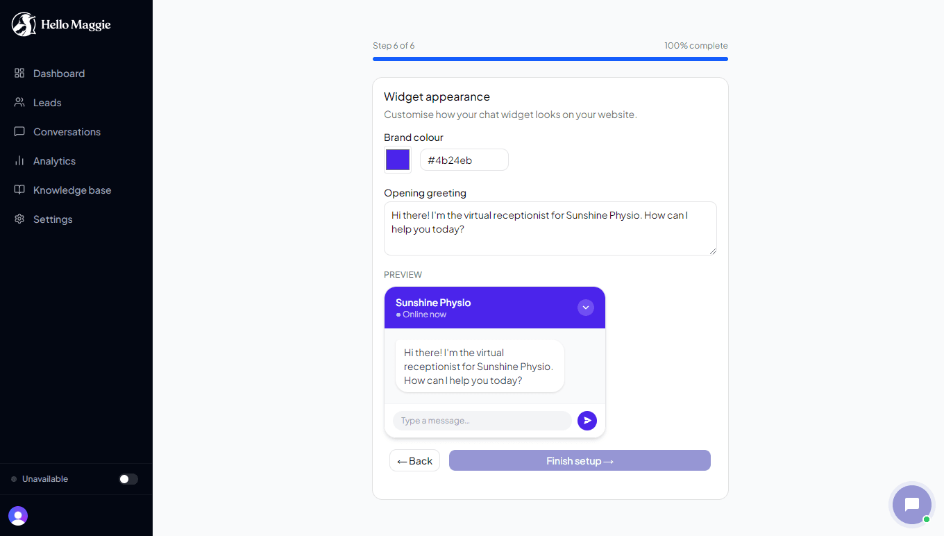Onboarding step 6 — widget colour and greeting message