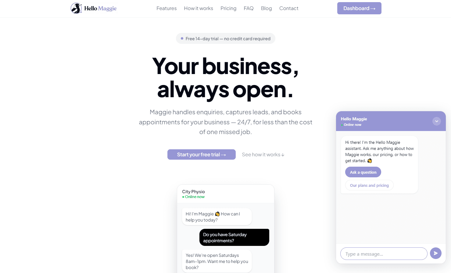 Quick reply buttons visible in the open widget on a live website