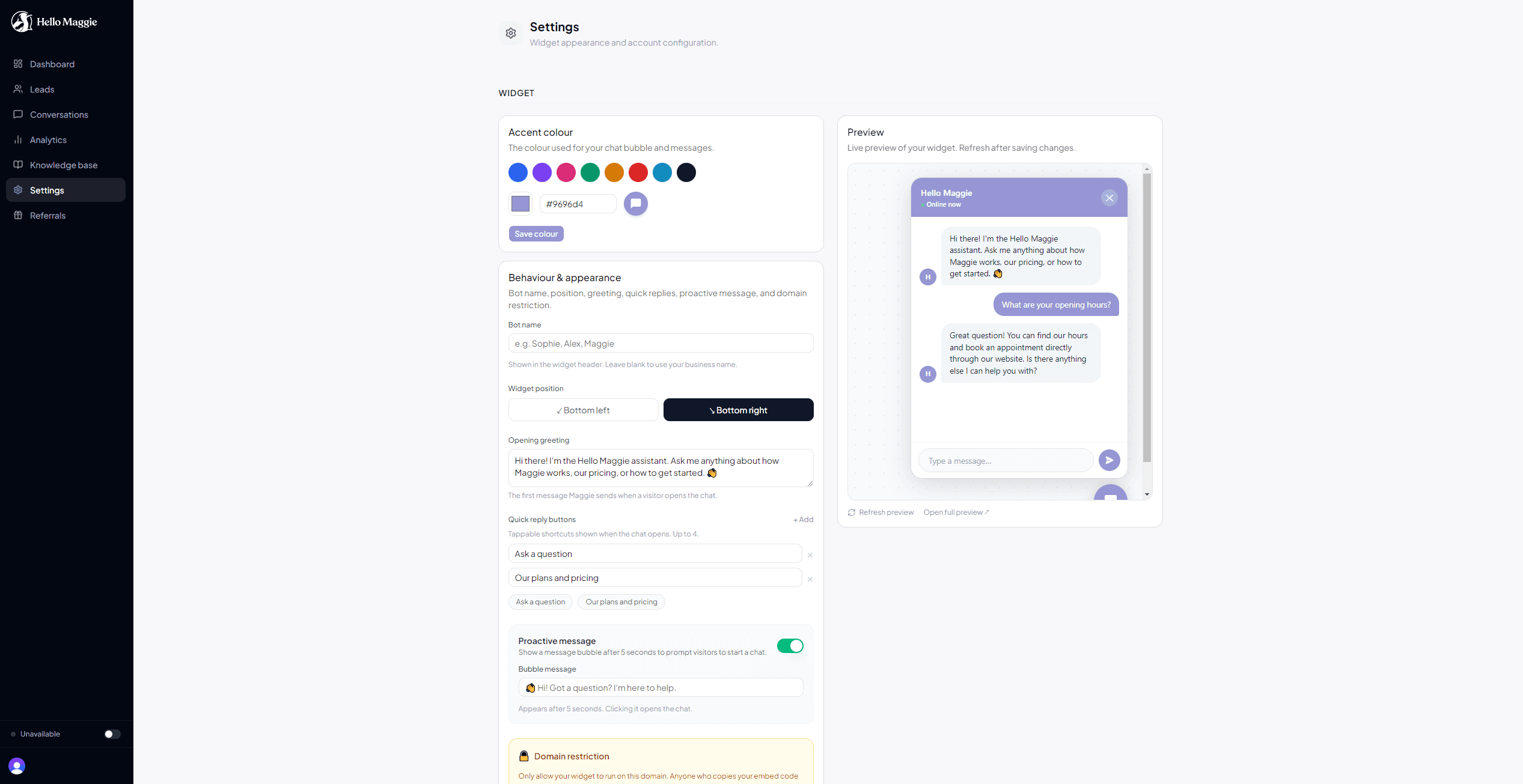 Settings page — business name, install code, notification settings and lead webhook